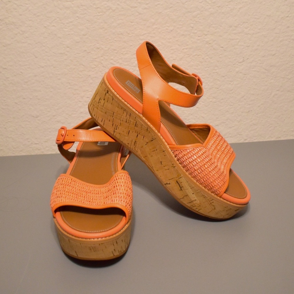FitFlop Eloise Wedge Sandals Womens 9 Orange Cork Platform Woven Raffia